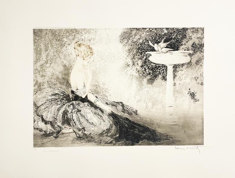 Louis Icart - Wistfullness: Artist: Louis Icart Title: Wistfullness Year: 1924 Dimensions: 20in. by 25.5in. Edition: From the rare limited edition Medium: Original drypoint etching with ha