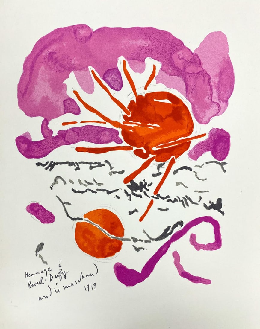 Andre Marchand - Hommage a Raoul Dufy: Artist: Andre MarchandTitle: Hommage a Raoul DufyYear: 1965Dimensions: 9.5in. by 11.75in.Edition: From the rare limited edition of 975Suite: Lettre A Mon PeintreMedium: Lithograph on paperCondition:
