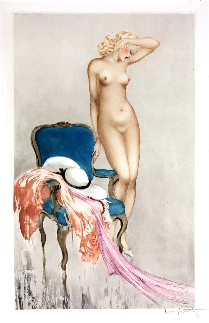 Louis Icart - Fair Model: Artist: Louis Icart Title: Fair Model Year: 1939 Dimensions: 18.8in. by 11.2in. Edition: From the rare limited edition Medium: Original drypoint etching with ha