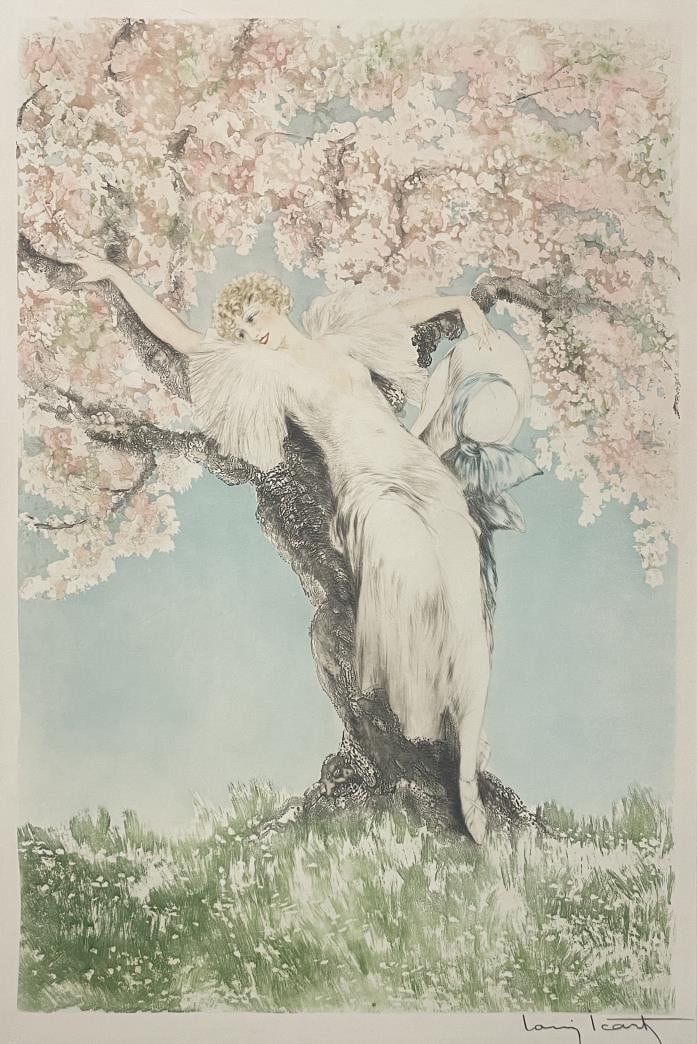 Louis Icart - Spring Blossoms: Artist: Louis Icart Title: Spring Blossoms Year: 1932 Dimensions: 23 1/4in. by 15 1/8in. Edition: From the rare limited edition Medium: Etching and aquatint wit