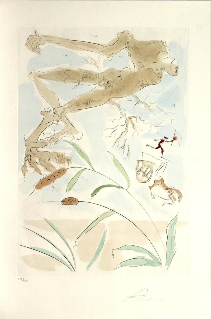 Salvador Dali - The Oak and the Reed: Artist: Salvador DaliTitle: The Oak and the ReedYear: 1974Dimensions: 22.75in. by 15.5in.Edition: From the rare limited editionSuite: Le Bestiaire de la FontaineMedium: Original color etching on
