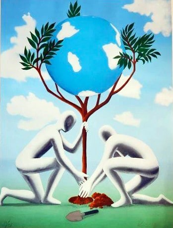 Mark Kostabi - Give Leaves a Chance (blue): Artist: Mark Kostabi Title: Give Leaves a Chance (blue) Year: 1990 Dimensions: 39 1/2 x 29 1/2 in. Edition: From the rare limited edition of 56 Medium: Original
