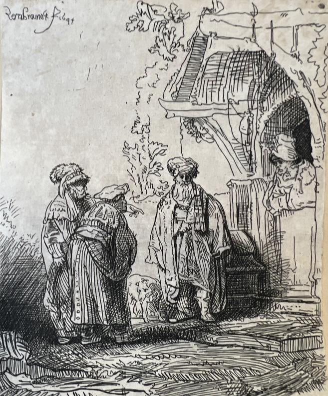 Rembrandt van Rijn - Three Oriental Figures (Jacob and Laban): Artist: Rembrandt van RijnTitle: Three Oriental Figures (Jacob and Laban) Year: c. 1826Dimensions: 4 1/4in. by 5 5/8in.Edition: From the Rare Limited EditionSuite: A Collection of Original