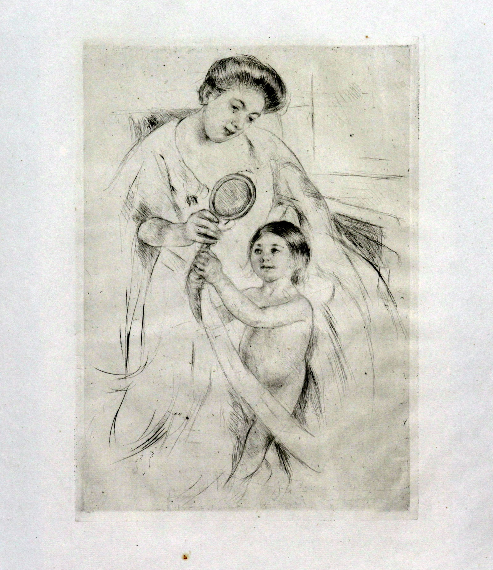 Mary Cassatt - Looking into the Hand Mirror: Artist: Mary CassattTitle: Looking into the Hand MirrorYear: 1905Dimensions: 10 1/2 x 7 1/8 in.Edition: From the rare limited editionMedium: Original drypoint etching on paperCondition: Some rippling