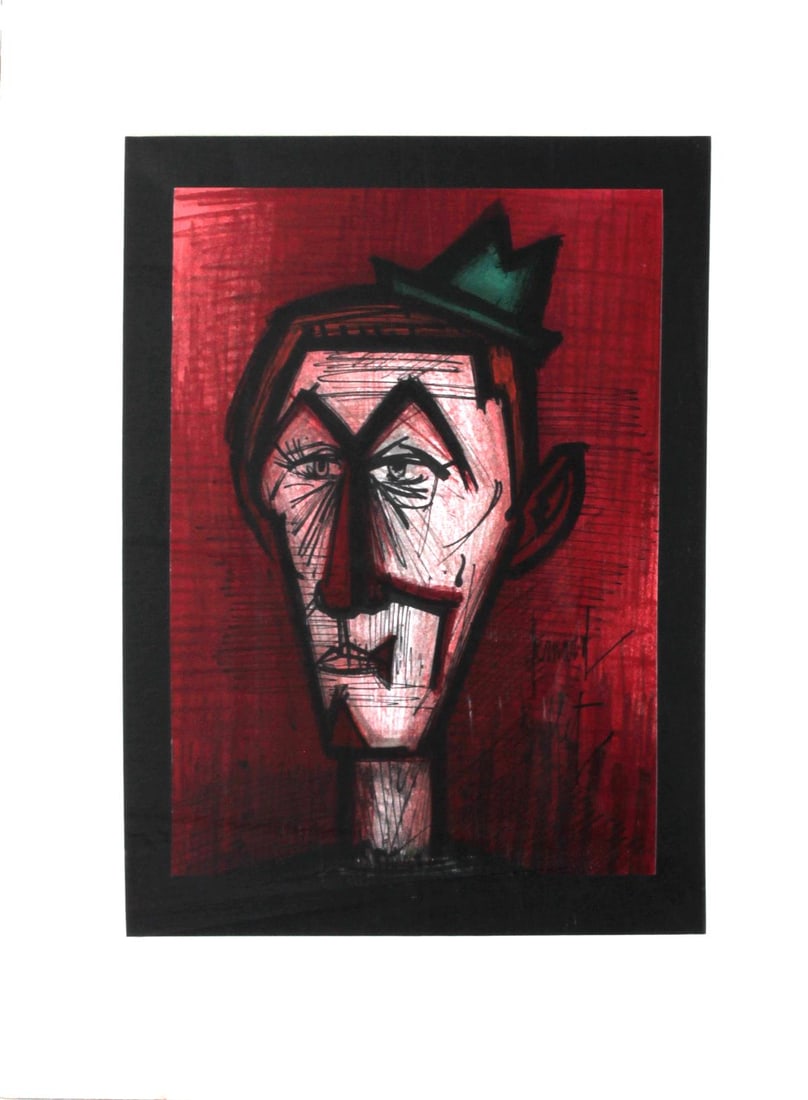 Bernard Buffet - Clown on a Red Background: Artist: Bernard BuffetTitle: Clown on a Red BackgroundYear: 1968Dimensions: 9.75in. by 12in.Edition: From the rare limited editionMedium: Original LithographCondition: ExcellentSignature Details: