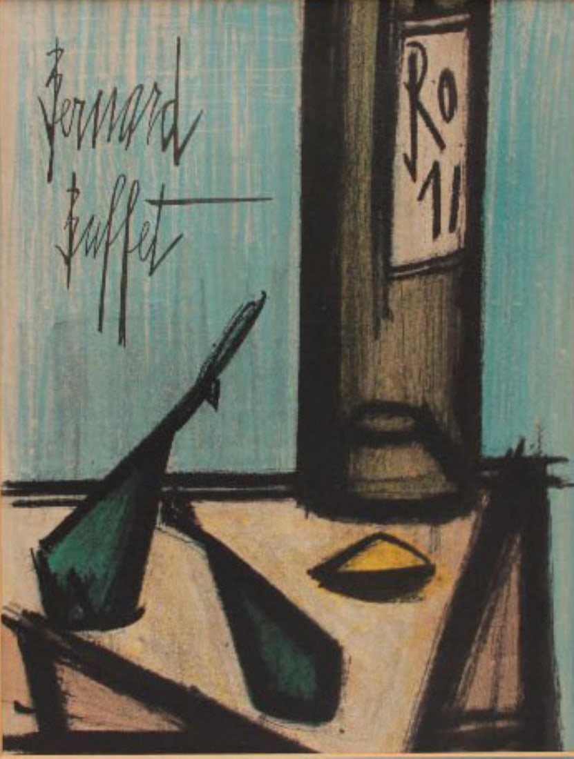 Bernard Buffet - Still Life with Bottle: Artist: Bernard BuffetTitle: Still Life with BottleYear: 1952Dimensions: 9.5in. by 12.25in.Edition: From the rare limited editionPublisher: Guide de la Gravure GenevaMedium: Color lithograph on
