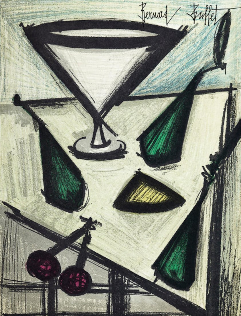 Bernard Buffet - Still Life with Fruit: Artist: Bernard BuffetTitle: Still Life with FruitYear: 1954Dimensions: 9.5in. by 12.25in.Edition: From the rare limited editionPublisher: Beyeler Gallery BasleMedium: Color lithograph on