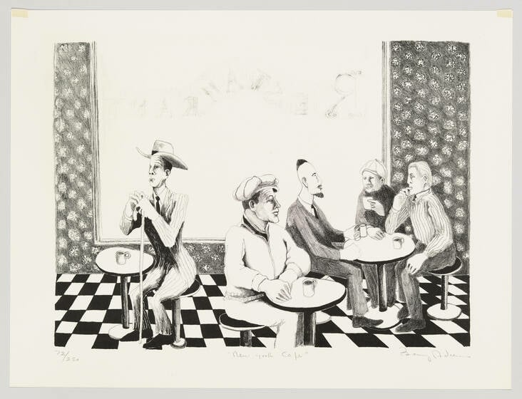 Benny Andrews - New York Cafe: Artist: Benny AndrewsTitle: New York CafeYear: 1967Dimensions: 13 1/16in. by 17 5/16in.Edition: Numbered from the Rare Limited EditionPublisher: Associated American ArtistsMedium: Lithograph on