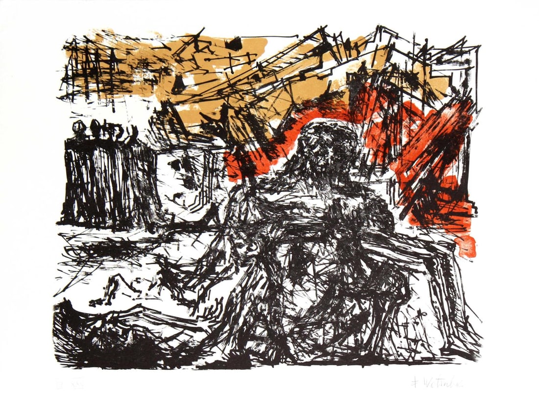 Fritz Wotruba - Untitled: Artist: Fritz WotrubaTitle: UntitledYear: 1969Dimensions: 19.75in. by 25.75in.Edition: VI/XXVPublisher: International Rescue CommitteeSuite: Flight PortfolioMedium: Original color lithograph on