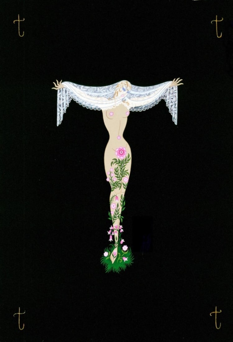 Erte - The Letter T: Artist: ErteTitle: The Letter TYear: 1976Dimensions: 19in. by 13 1/2in.Weight: 0Edition: From the Rare Limited Edition 350Publisher: Circle Fine ArtSuite: The Alphabet SuiteMedium: Serigraph on