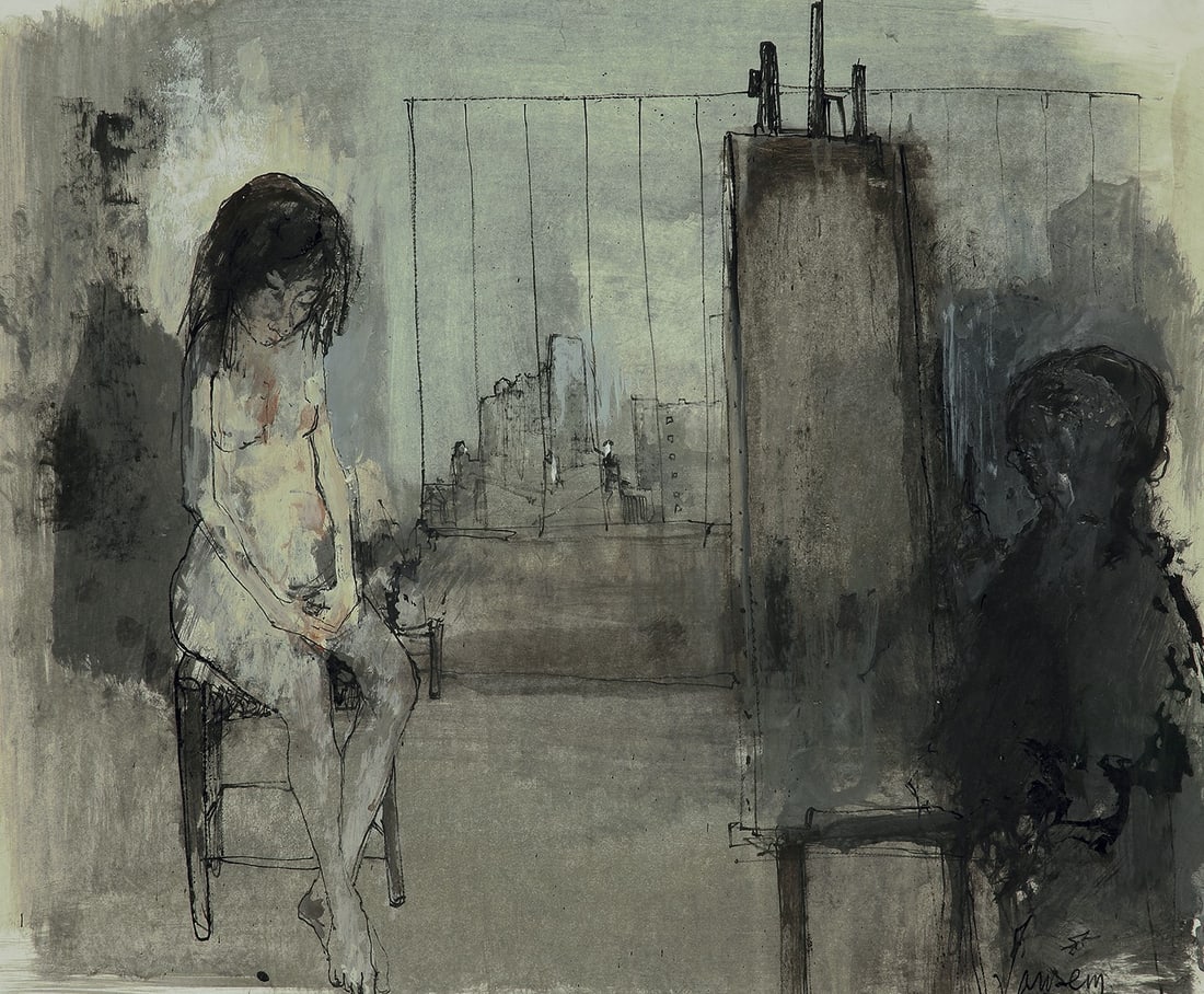 Jean Jansem - L'Atelier du Peintre: Artist: Jean Jansem Title: L'Atelier du Peintre Dimensions: 19 3/4 x 23 5/8 in. Edition: Unique One of a Kind Artwork Medium: Ink, Watercolor, and Gouache on Paper