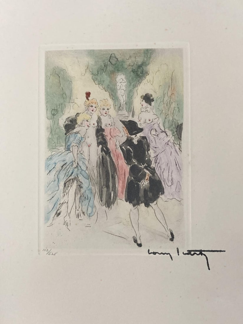 Louis Icart - Garden Gala: Artist: Louis IcartTitle: Garden GalaYear: 1946Dimensions: 11in. by 8.5in.Edition: From the rare limited edition of 125Publisher: Claude Prosper de CrebillonSuite: La Nuit et le MomentMedium: