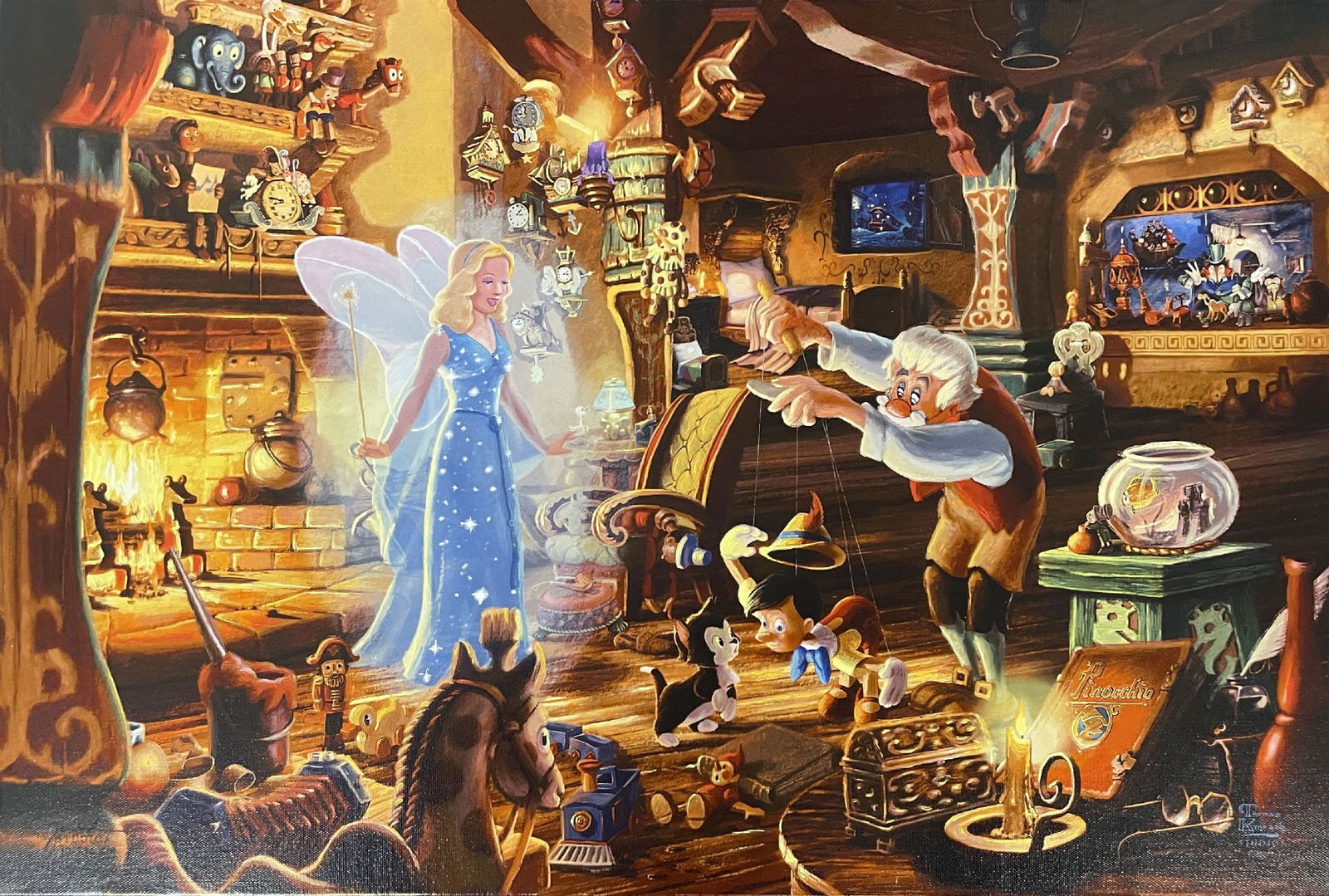 Thomas Kinkade - Gepetto's Pinocchio: Artist: Thomas KinkadeTitle: Gepetto's PinocchioDimensions: 18 x 27 in.Edition: From the rare limited edition of 295Medium: Continuous Tone Print on CanvasCondition: ExcellentSignature Details: