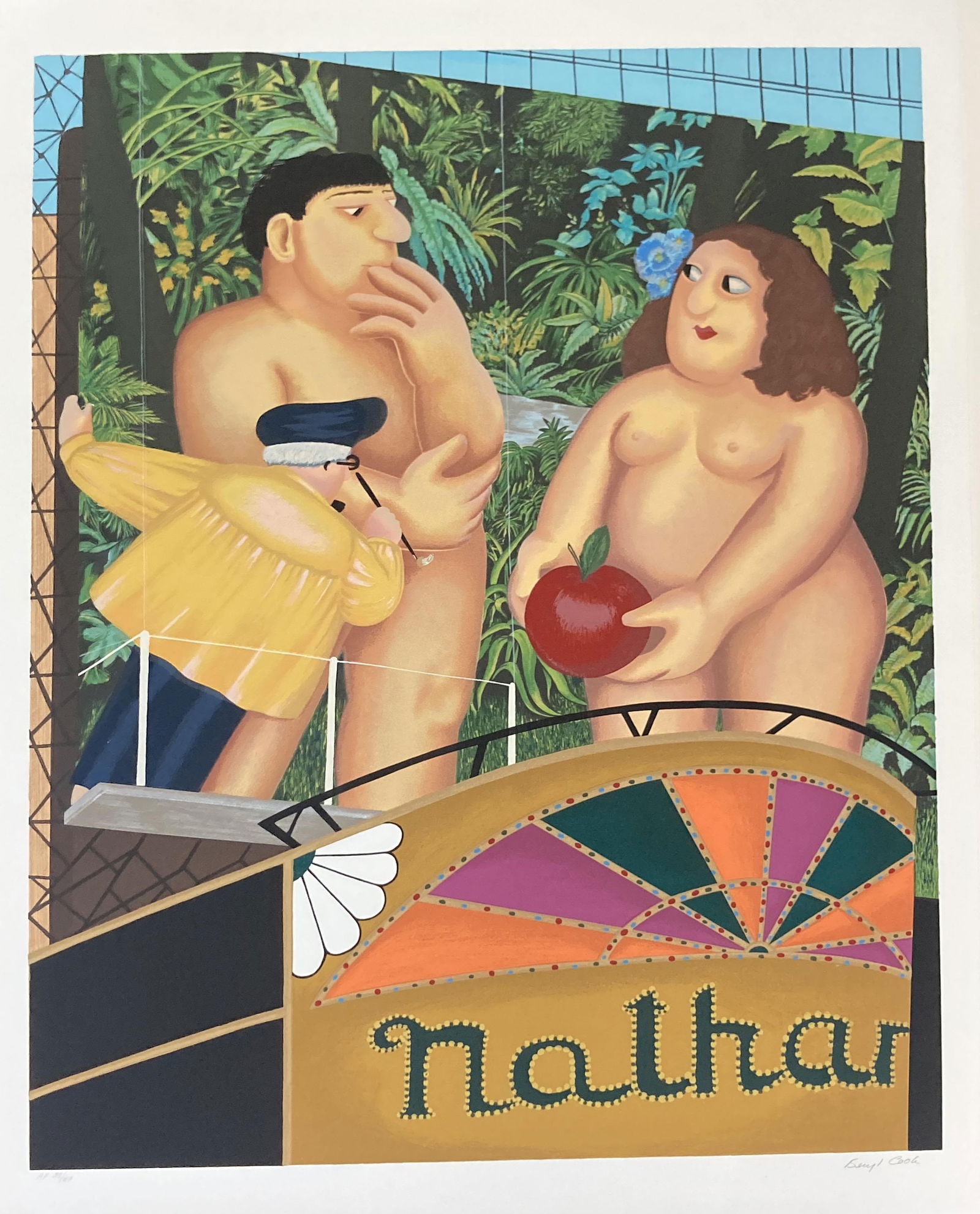 Beryl Cook - Nathan or Adam and Eve: Artist: Beryl CookTitle: Nathan or Adam and EveYear: 1987Dimensions: 32in. by 25in.Edition: AP From the rare limited edition of 60Medium: Original serigraph on paperCondition: ExcellentSignature