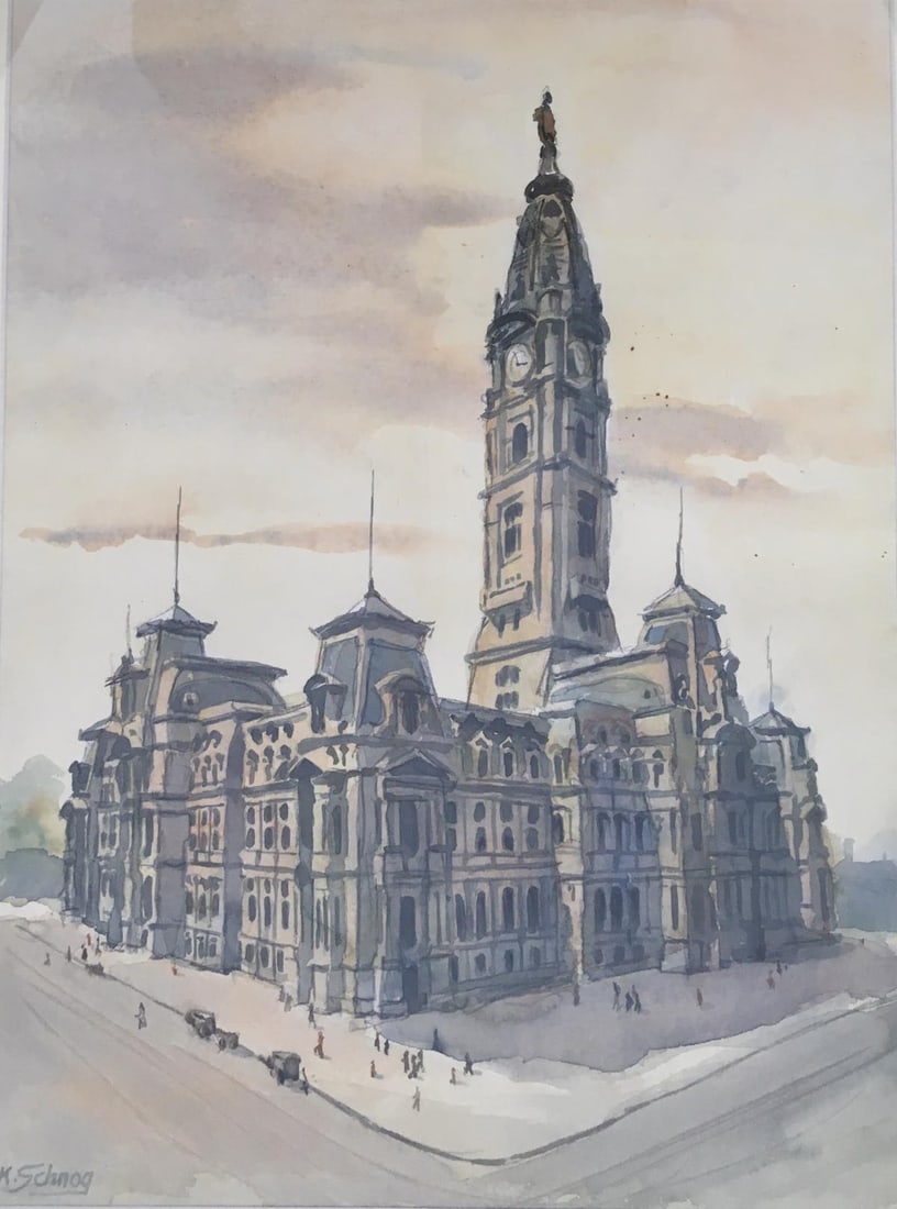 Kurt Schnog - City Hall Philadelphia: Artist: Kurt SchnogTitle: City Hall PhiladelphiaDimensions: in. by in.Edition: Unique one of a kind artworkMedium: Original watercolorCondition: ExcellentSignature Details: Hand signed by the