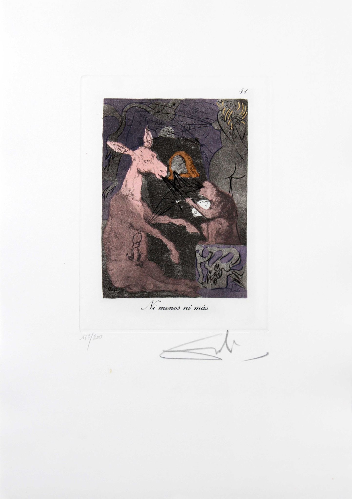 Salvador Dali - Ni menos ni mas: Artist: Salvador DaliTitle: Ni menos ni masYear: 1977Dimensions: 17 3/4 x 12 1/4 in.Edition: From the limited edition of 200Publisher: Fernand Hazan EditeurSuite: Les Caprices de GoyaMedium: Dry