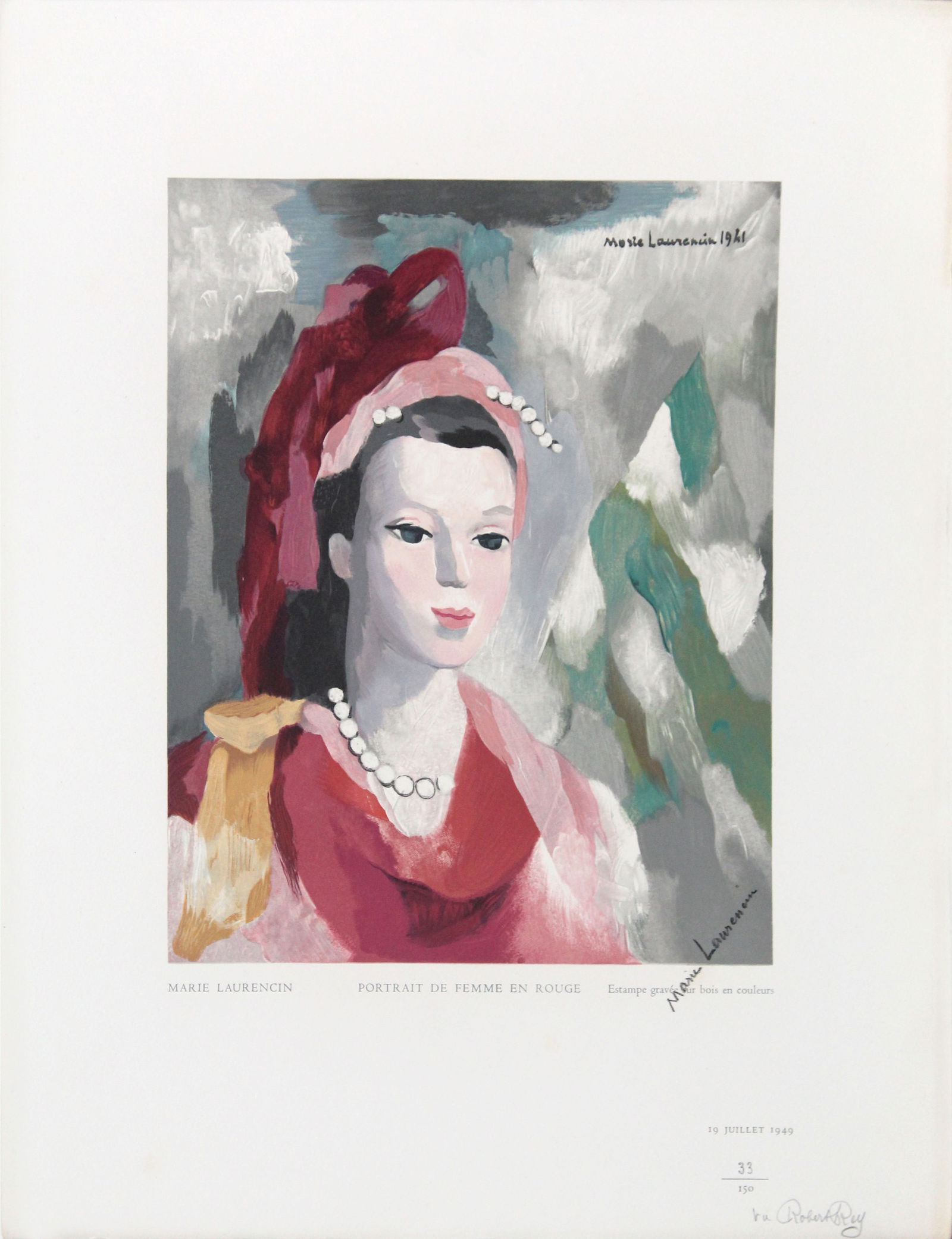 Marie Laurencin - Portrait de Femme en Rouge: Artist: Marie Laurencin Title: Portrait de Femme en RougeYear: 1950Dimensions: 14 1/4in. by 18 1/4in.Edition: From the rare limited edition of 150Publisher: Robert ReySuite: EstampesMedium: Original