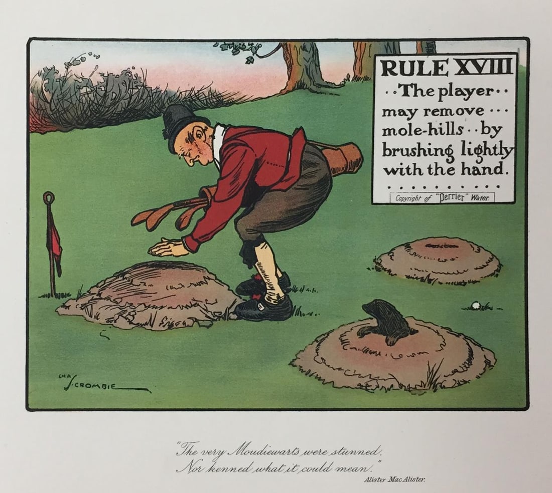 Chas Crombie - The Rules of Golf XVIII: Artist: Chas CrombieTitle: The Rules of Golf XVIIIYear: c. 1905Dimensions: 10in. by 12in.Edition: From the rare limited editionPublisher: Perrier; Bemrose and Sons London 1905Suite: Rules of