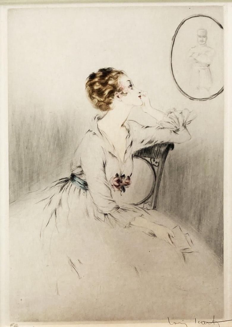 Louis Icart - Wife Waiting for Her Husband: Artist: Louis IcartTitle: Wife Waiting for Her HusbandYear: 1917Dimensions: 20in. by 16in.Edition: From the rare limited editionMedium: Gravure and crayonCondition: ExcellentSignature Details: Hand