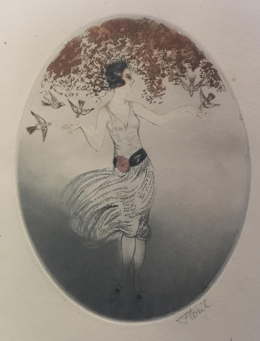 Floril (In the Style of Louis Icart) - Welcoming the: Artist: Floril (In the Style of Louis Icart) Title: Welcoming the Birds Dimensions: 8 1/2in. by 11 3/4in. Edition: From the Rare Limited Edition Medium: Aquatint and Drypoint