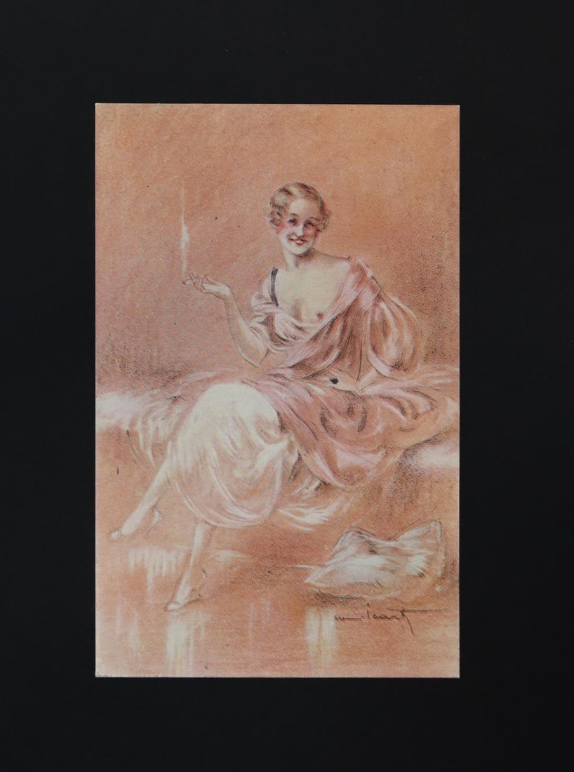 Louis Icart - Sit Tight: Artist: Louis Icart Title: Sit Tight Year: 1938 Dimensions: 5.5in. by 3.5in. Edition: From the rare limited edition Medium: Original Lithograph on card. Comes M