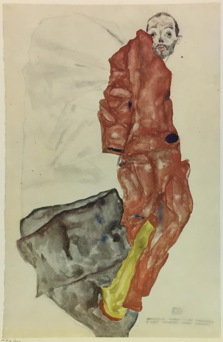 Egon Schiele (After) - Self Portrait as a Prisoner: Artist: Egon Schiele (After) Title: Self Portrait as a Prisoner Year: 1969 Dimensions: 19 3/4in. by 14 1/4in. Edition: From the Rare Limited Edition of 300 Publishe