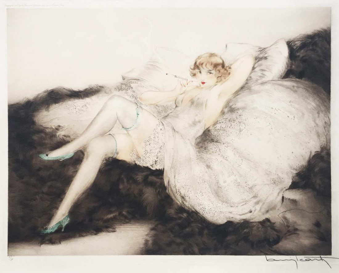 Louis Icart - White Underwear: Artist: Louis Icart Title: White Underwear Year: 1925 Dimensions: 14 3/4in. by 19in. Edition: From the rare limited edition Medium: Original etching with hand w