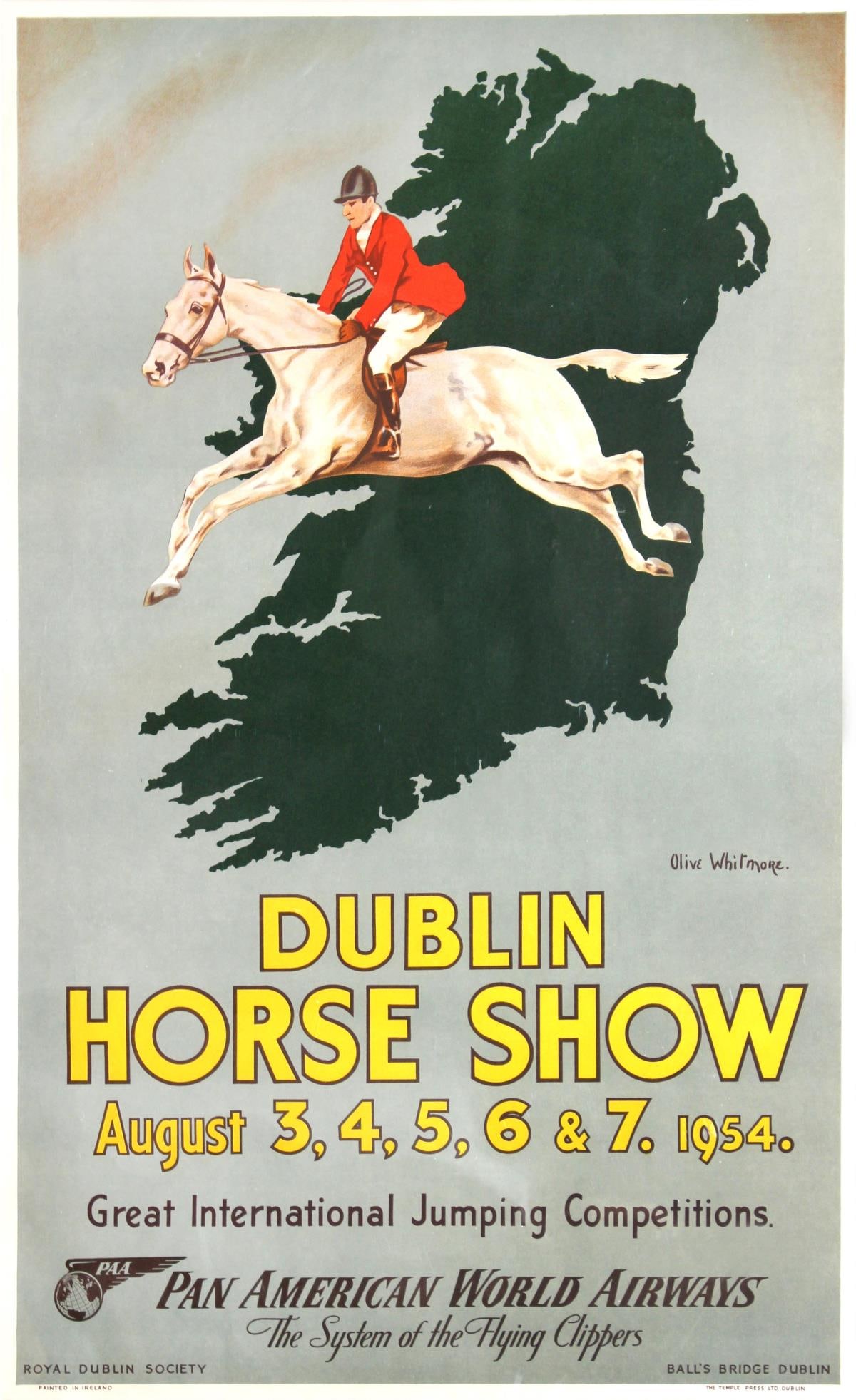 Oliver Whitmore - Dublin Horse Show: Artist: Oliver WhitmoreTitle: Dublin Horse ShowYear: 1954Dimensions: 25.25in. by 41in.Edition: From the rare limited editionPublisher: The Temple Press ltd. DublinMedium: Original lithographic