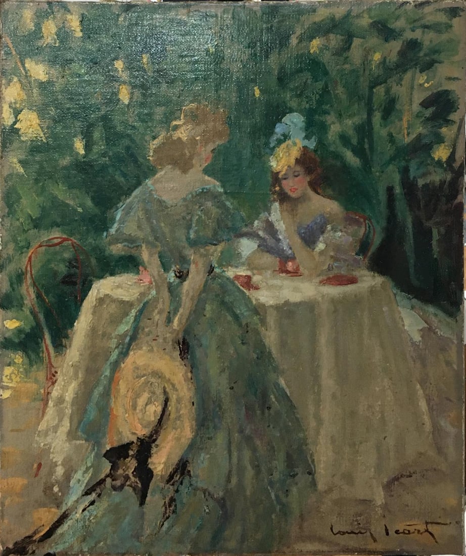 Louis Icart - Le The au Jardin: Artist: Louis IcartTitle: Le The au JardinDimensions: 21 3/4in. by 18 1/4in.Edition: Unique Original One of a Kind ArtworkMedium: Original oil on canvasCondition: ExcellentSignature Details: Hand