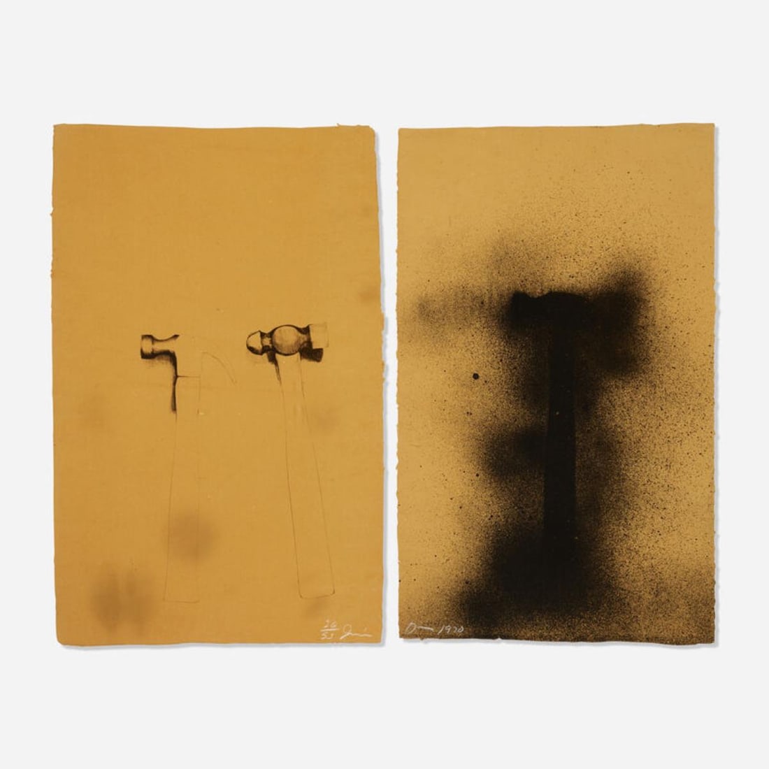 Jim Dine - Hammers diptych: Artist: Jim DineTitle: Hammers diptychYear: 1970Dimensions: 25 3/8in. by 15 3/4in.Edition: From the Limited Edition of 53Medium: Lithograph offset from Zinc Plates on Orange Hodgekinson handmade