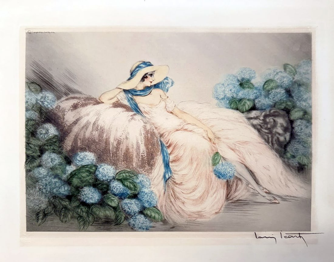 Louis Icart - Pink Lady: Artist: Louis IcartTitle: Pink LadyYear: 1933Dimensions: 14 1/4 x 11 5/8 in.Edition: From the rare limited editionMedium: Original soft ground etching with hand watercoloring on paperCondition: