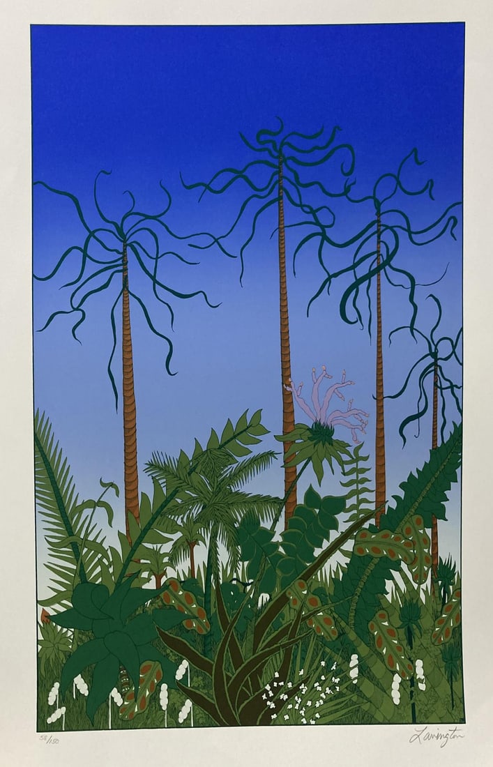 David Lovington - Jungle Scene: Artist: David LovingtonTitle: Jungle SceneDimensions: 30.5in. by 22in.Edition: From the rare limited edition of 150Medium: Screenprint on HMK paper Condition: ExcellentSignature Details: Hand signed