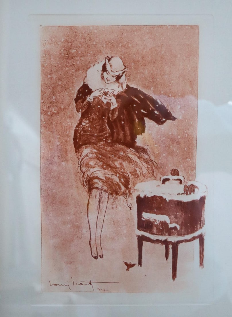 Louis Icart - A Winter Snack: Artist: Louis Icart Title: A Winter Snack Dimensions: 9.5in. by 13.5in. Edition: From the rare limited edition Medium: Colored Engraving on Paper Condition: Ex