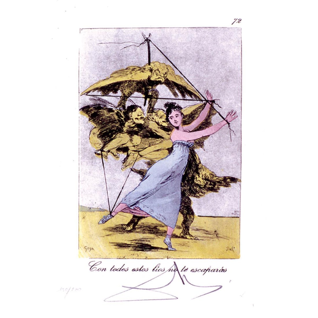 Salvador Dali - Con todos estos lios no te escaparas,72: Artist: Salvador DaliTitle: Con todos estos lios no te escaparas, #72Year: 1977Dimensions: 17.75in. by 12.25in.Edition: From the limited edition of 200Publisher: Fernand Hazan EditeurSuite: Les