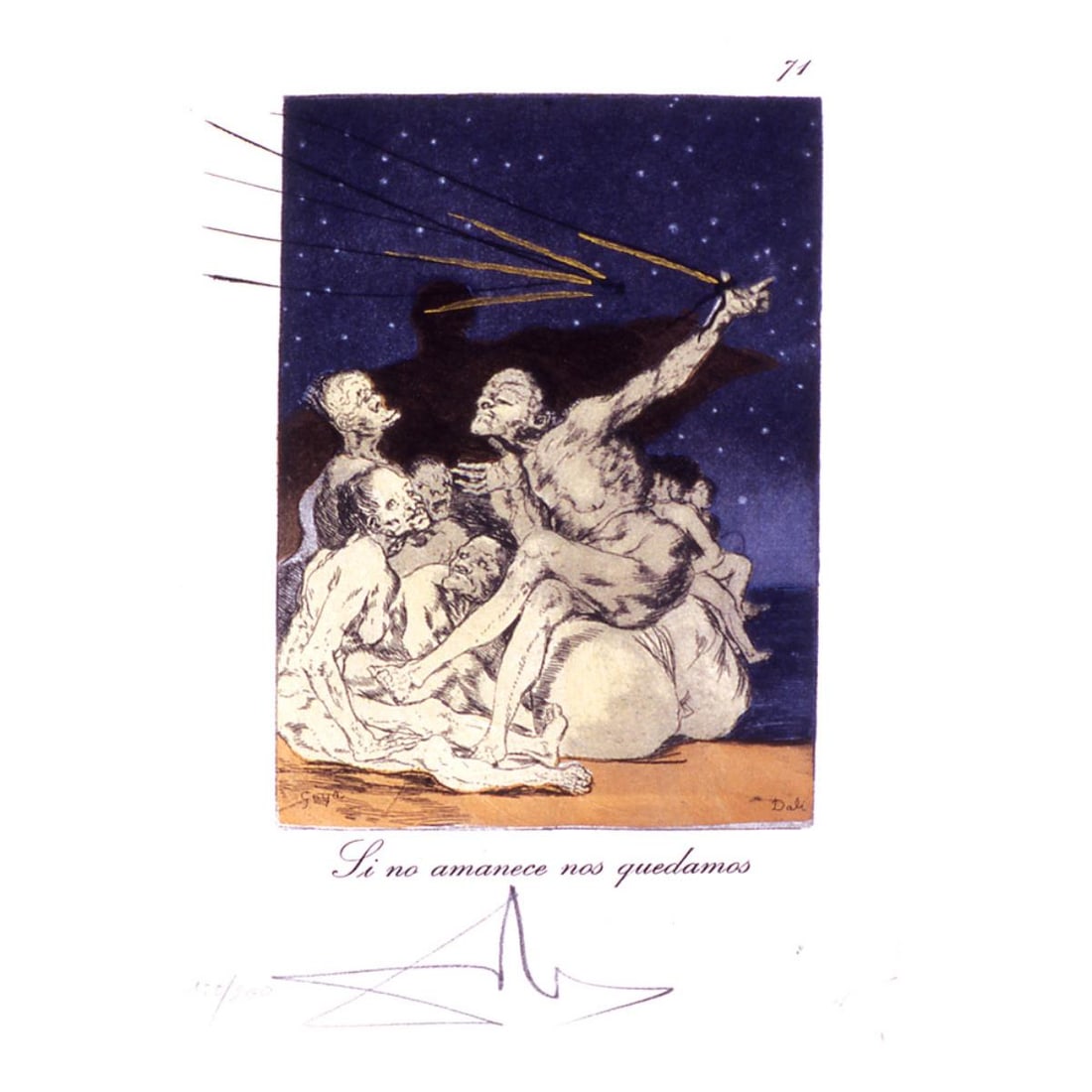 Salvador Dali - Si no amanece nos quedamos, #71: Artist: Salvador DaliTitle: Si no amanece nos quedamos, #71Year: 1977Dimensions: 17.75in. by 12.25in.Edition: From the limited edition of 200Publisher: Fernand Hazan EditeurSuite: Les Caprices de