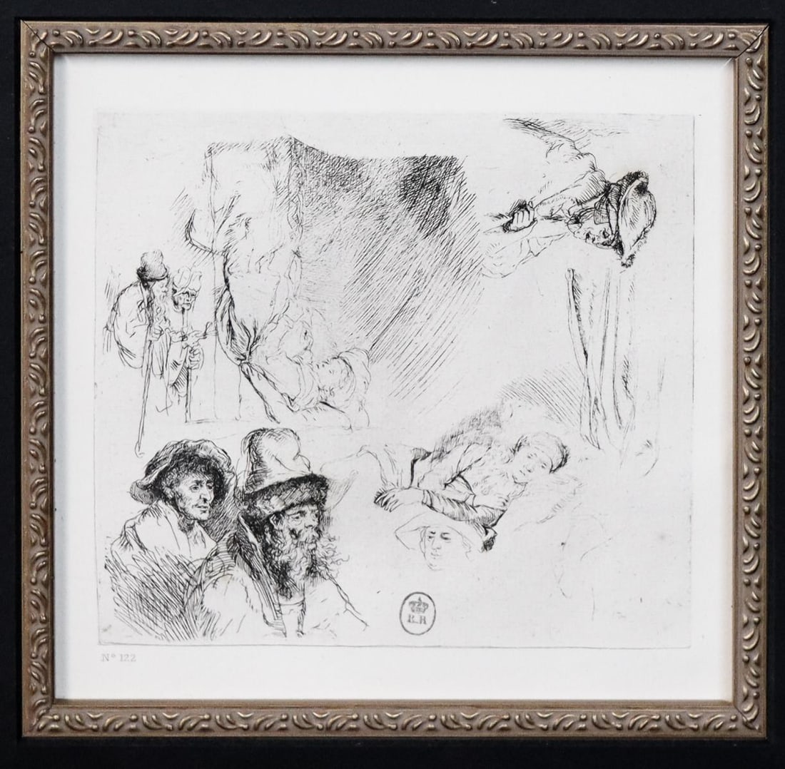 Rembrandt van Rijn (after) - Sheet of Studies with: Artist: Rembrandt van Rijn (after)Title: Sheet of Studies with Woman Lying III in BedYear: 1880Dimensions: 6.25in. by 6.75in.Edition: From the rare limited editionMedium: Original heliogravure on