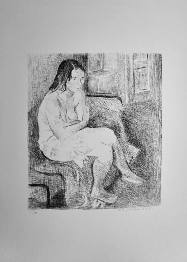 Raphael Soyer - Woman in Red Stockings: Artist: Raphael SoyerTitle: Woman in Red StockingsYear: 1979Dimensions: 21.5in. by 29.5in.Edition: From the Rare Limited Edition of 300Medium: Original Lithograph on PaperCondition: