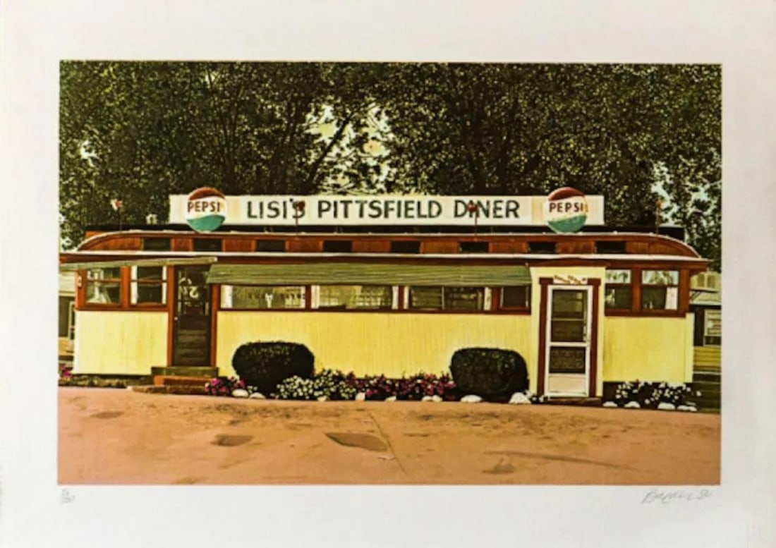 John Baeder - Lisi's Pittsfield Diner: Artist: John BaederTitle: Lisi's Pittsfield DinerYear: 1980Dimensions: 22in. by 30in.Edition: From the Rare Limited Edition of 250Medium: Screenprint in colorsCondition: ExcellentSignature Details: