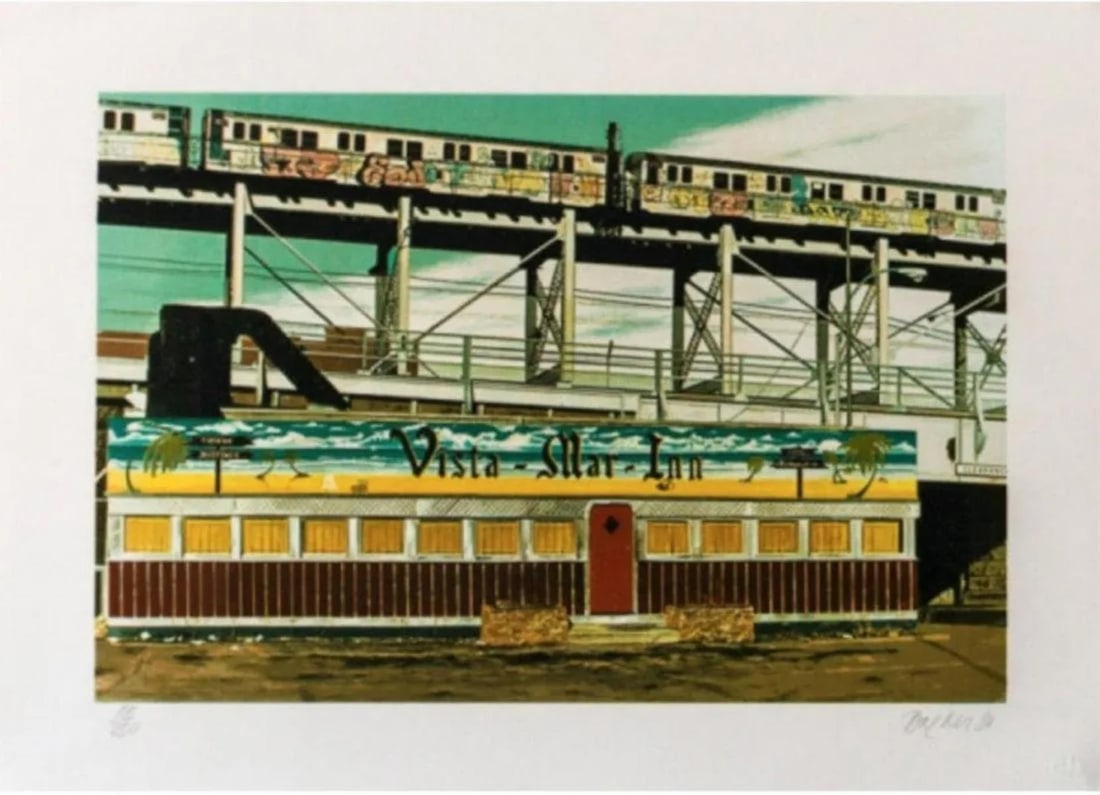 John Baeder - Vista Mar Inn: Artist: John BaederTitle: Vista Mar InnYear: 1980Dimensions: 22in. by 30in.Edition: From the Rare Limited Edition of 250Medium: Screenprint in colorsCondition: ExcellentSignature Details: Hand Signed