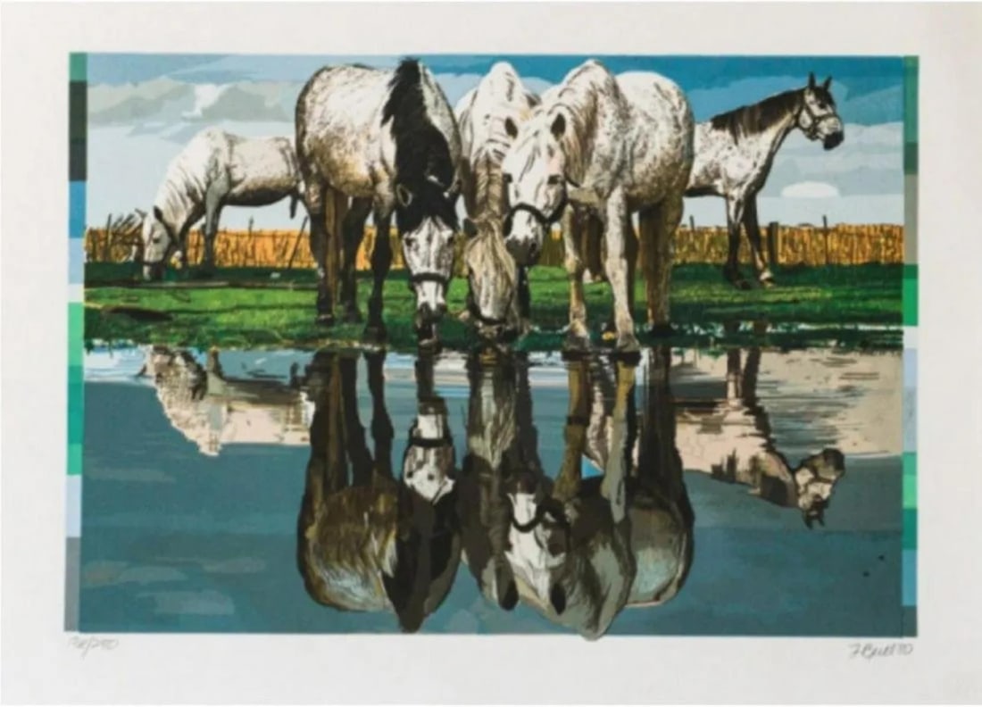 Fran Bull - Horses of the Camargue: Artist: Fran BullTitle: Horses of the CamargueYear: 1980Dimensions: 22in. by 29.75in.Edition: From the Rare Limited Edition of 250Medium: SilkscreenCondition: ExcellentSignature Details: Hand Signed