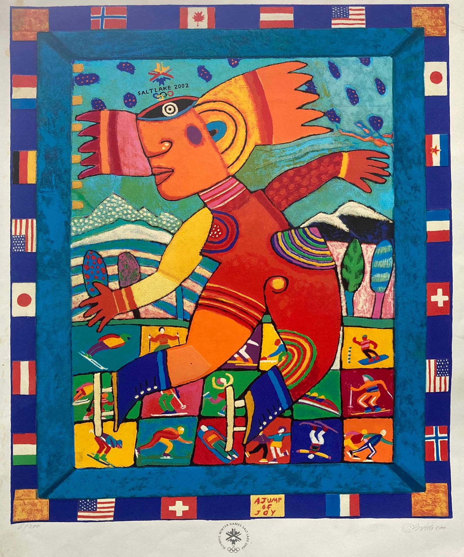 Clemens Briels - Jump for Joy 2002 Winter Olympic Games: Artist: Clemens BrielsTitle: Jump for Joy 2002 Winter Olympic GamesYear: 2002Dimensions: 31 1/2 x 40 in.Edition: From the rare limited edition of 200Medium: Serigraph in colors on paperCondition: