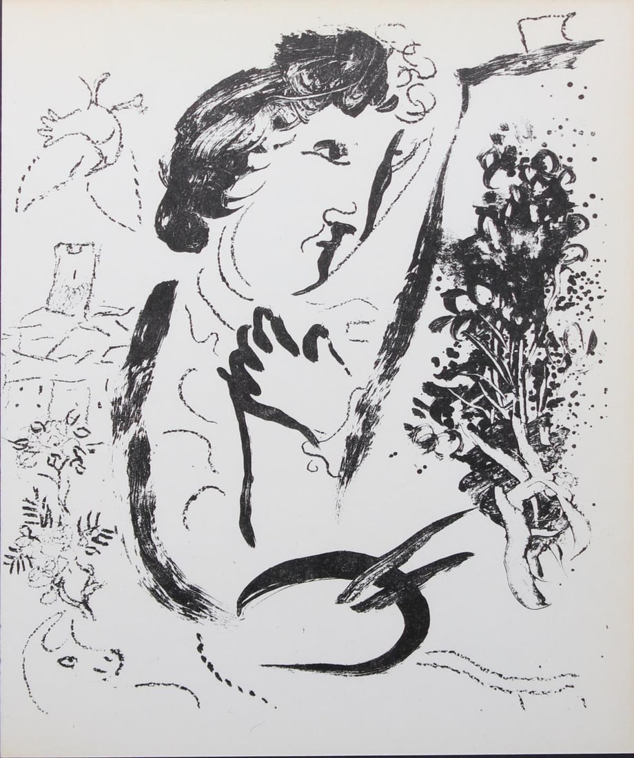Marc Chagall - The Artist in Front of his Picture: Artist: Marc ChagallTitle: The Artist in Front of his PictureYear: 1963Dimensions: 13in. by 9.5in.Edition: From the rare limited editionSuite: Chagall Lithographe IIMedium: Original lithograph on
