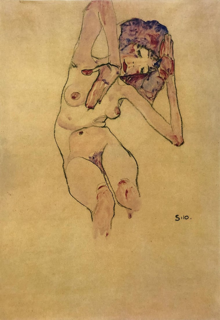 Egon Schiele (After) - Sitting naked 1910: Artist: Egon Schiele (After)Title: Sitting naked 1910Year: 1982Dimensions: 16 1/4in. by 12in.Publisher: Mazzotta 1982Suite: Erotic DrawingsMedium: Offset LithographSignature Details: signed on the