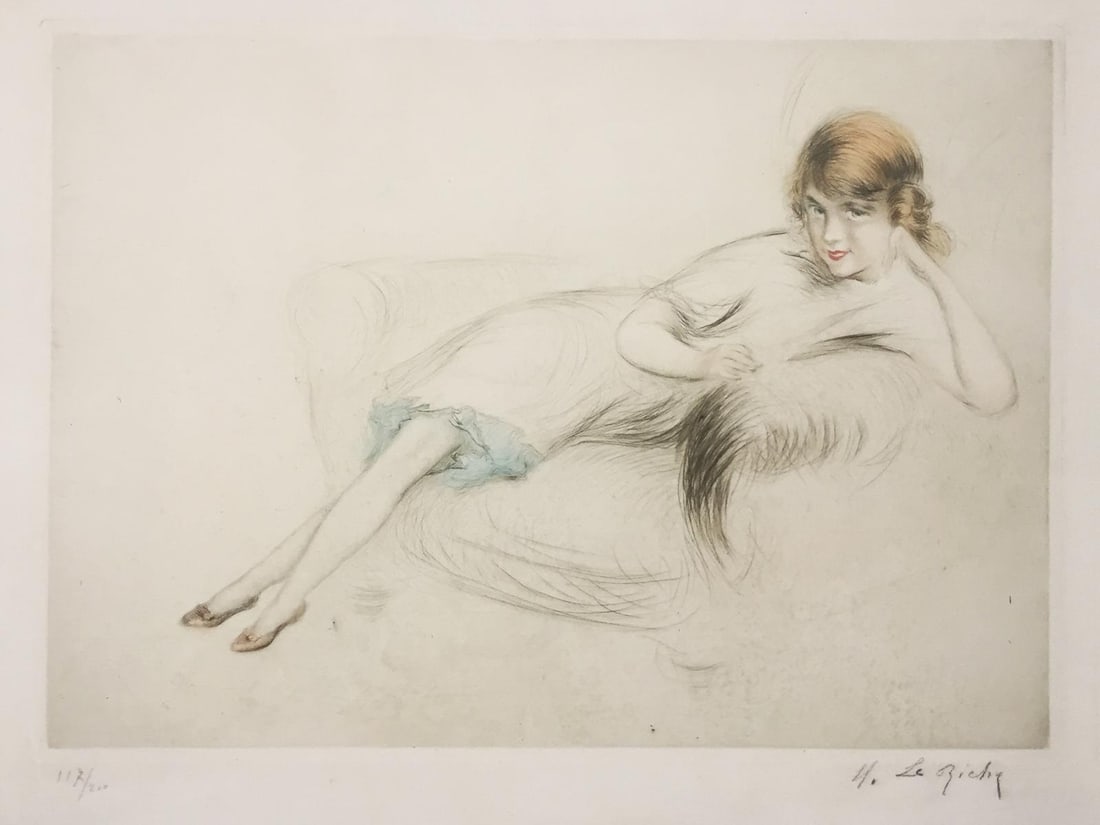 Henri Le Riche (In the Style of Louis Icart) - Girl in: Artist: Henri Le Riche (In the Style of Louis Icart) Title: Girl in Armchair Dimensions: 14 7/8in. by 22 1/4in. Edition: From the Rare Limited Edition of 200 Medium: Aquatint