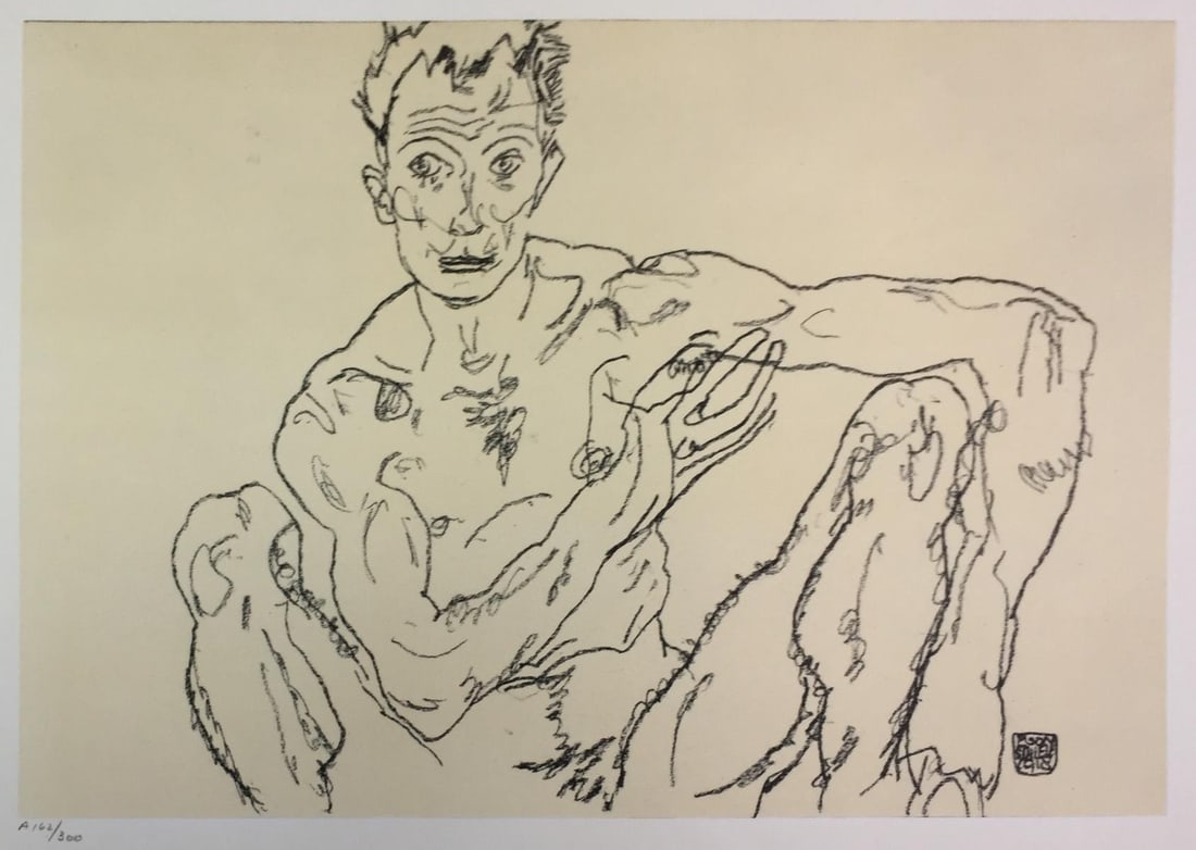 Egon Schiele (After) - Nude Man Crouching: Artist: Egon Schiele (After)Title: Nude Man Crouching (self-portrait)Year: 1969Dimensions: 19 3/4in. by 14 1/4in.Edition: From the Rare Limited Edition of 300Publisher: Harry N. Abrams Inc.Suite: