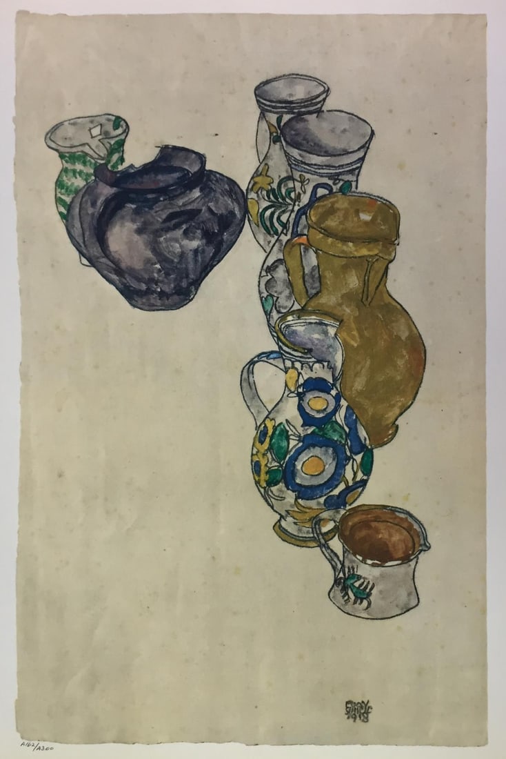 Egon Schiele (After) - Peasant Jugs: Artist: Egon Schiele (After)Title: Peasant JugsYear: 1969Dimensions: 19 3/4in. by 14 1/4in.Edition: From the Rare Limited Edition of 300Publisher: Harry N. Abrams Inc.Suite: Watercolours and