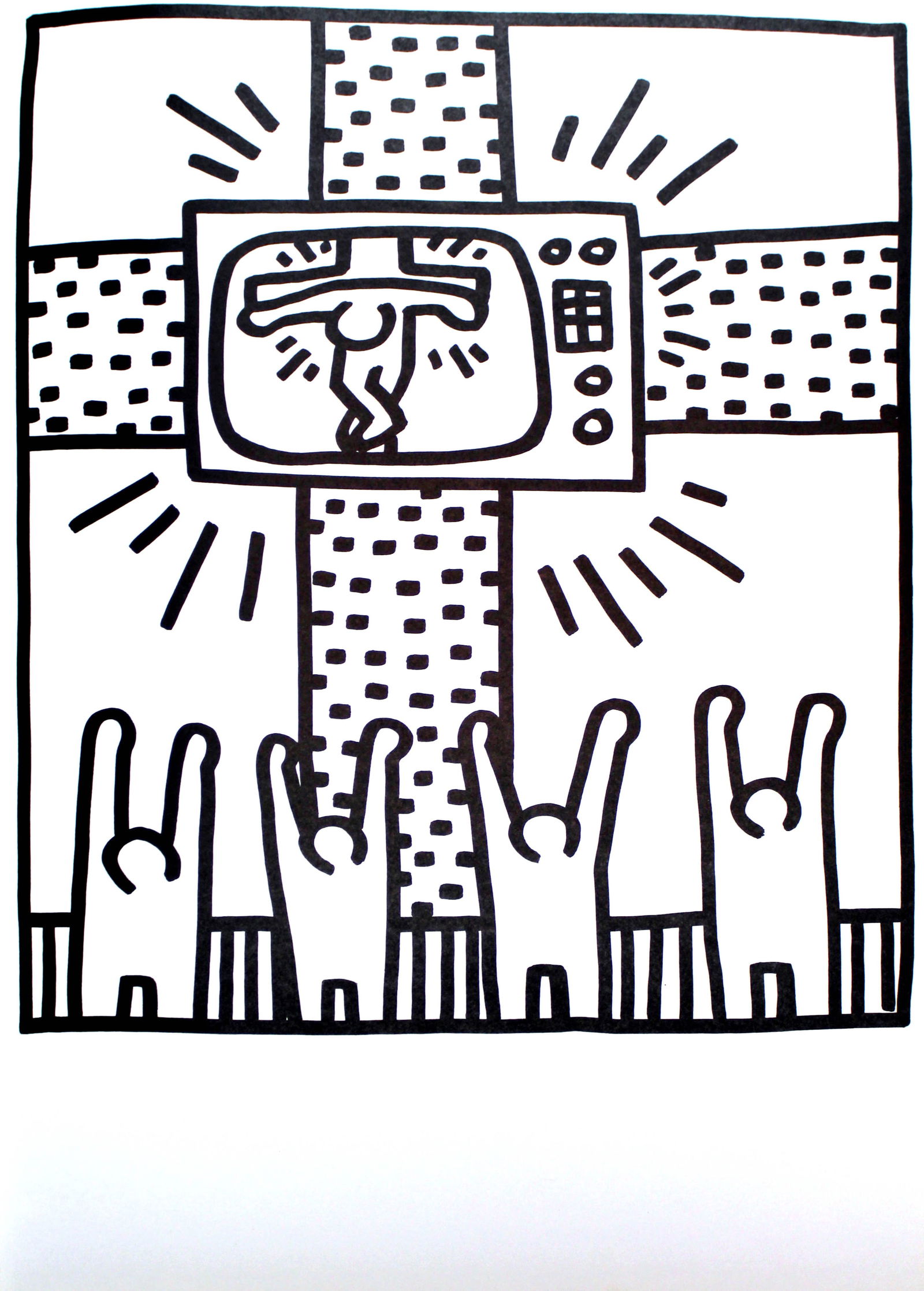 Keith Haring - TV Crucifix (from Lucio Amelio Suite): Artist: Keith HaringTitle: TV Crucifix (from Lucio Amelio Suite)Year: 1983Dimensions: 18.5in. by 13in.Edition: From the rare limited edition of 300Publisher: Galerie Lucio Amelio NaplesSuite: Galerie