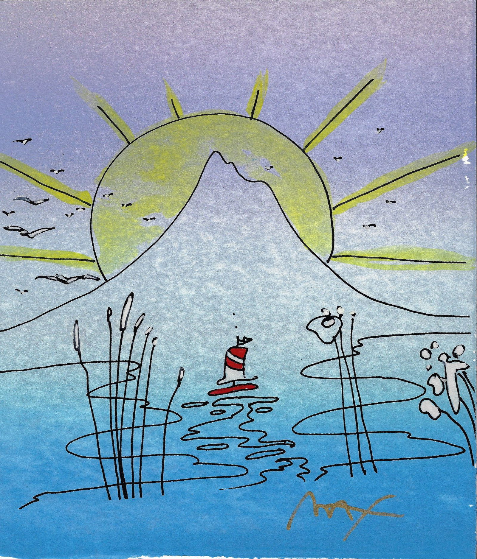 Peter Max - Land of Sunshine: Artist: Peter MaxTitle: Land of SunshineYear: c. 1989Dimensions: 13 3/4 x 12 in.Edition: Original work of artMedium: Mixed media with watercolor and serigraphy on paperCondition: ExcellentSignature