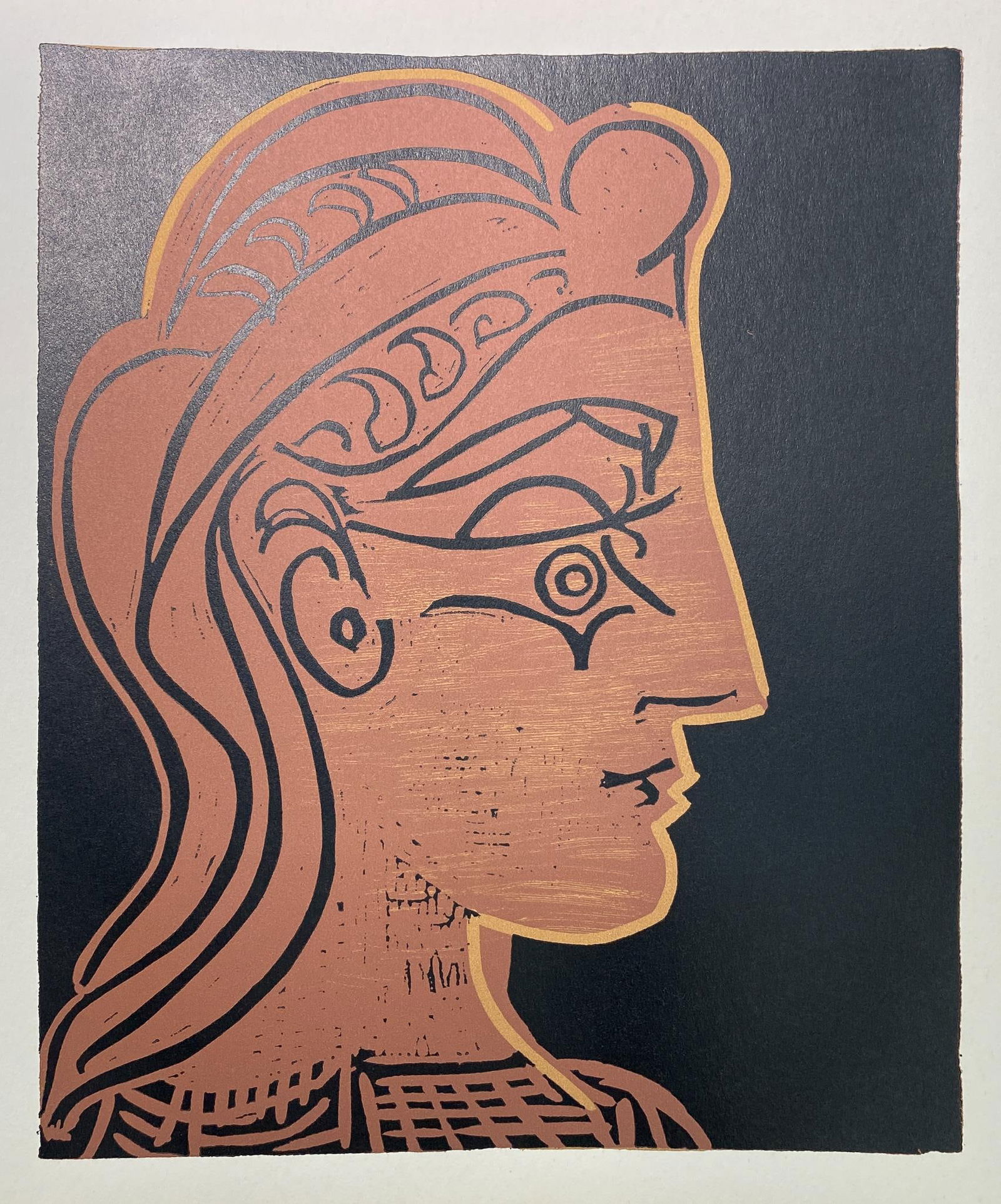 Pablo Picasso - Tete de femme: Artist: Pablo PicassoTitle: Tete de femmeYear: 1962Dimensions: 8.75in. by 10.5in.Edition: From a rare limited editionPublisher: Verlag Gerd Hatje StuttgartSuite: Picasso LinogravuresMedium: