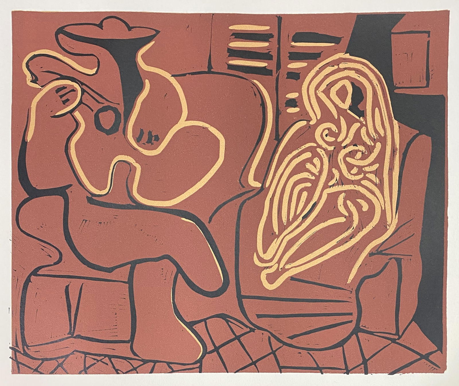 Pablo Picasso - Femme dans un fautueil et guitariste (After): Artist: Pablo PicassoTitle: Femme dans un fautueil et guitaristeYear: 1962Dimensions: 12.75in. by 15.5in.Edition: From a rare limited editionPublisher: Verlag Gerd Hatje StuttgartSuite: Picasso